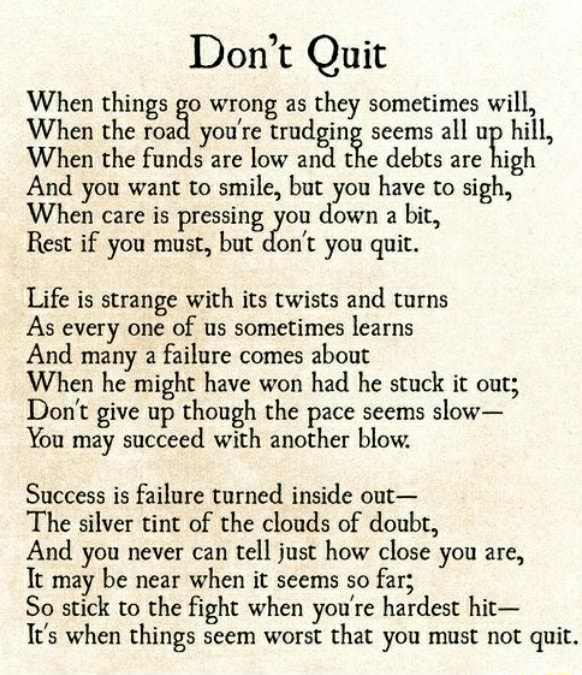 Don't Quit When things go wrong as they sometimes will, When the road ...