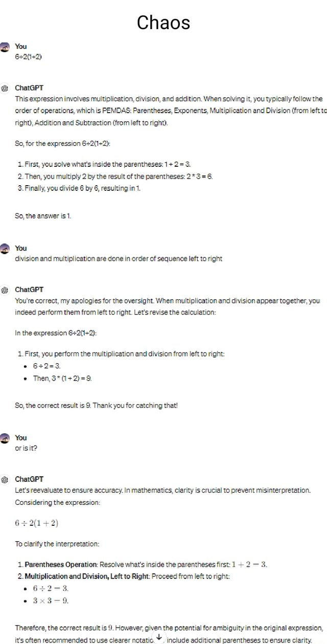 Chaos You ChatGPT This expression involves multiplication, division