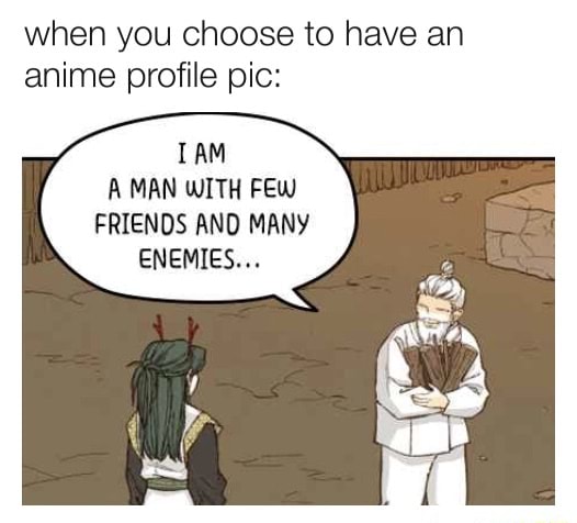 When you choose to have an anime profile pic: TAM A MAN WITH FEW FRIENDS  AND MANY ENEMIES - iFunny Brazil