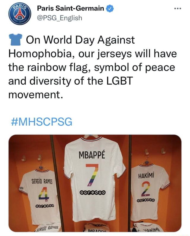 Paris Saint-Germain on X: 👕 On World Day Against Homophobia, our jerseys  will have the rainbow flag, symbol of peace and diversity of the LGBT  movement. #MHSCPSG  / X