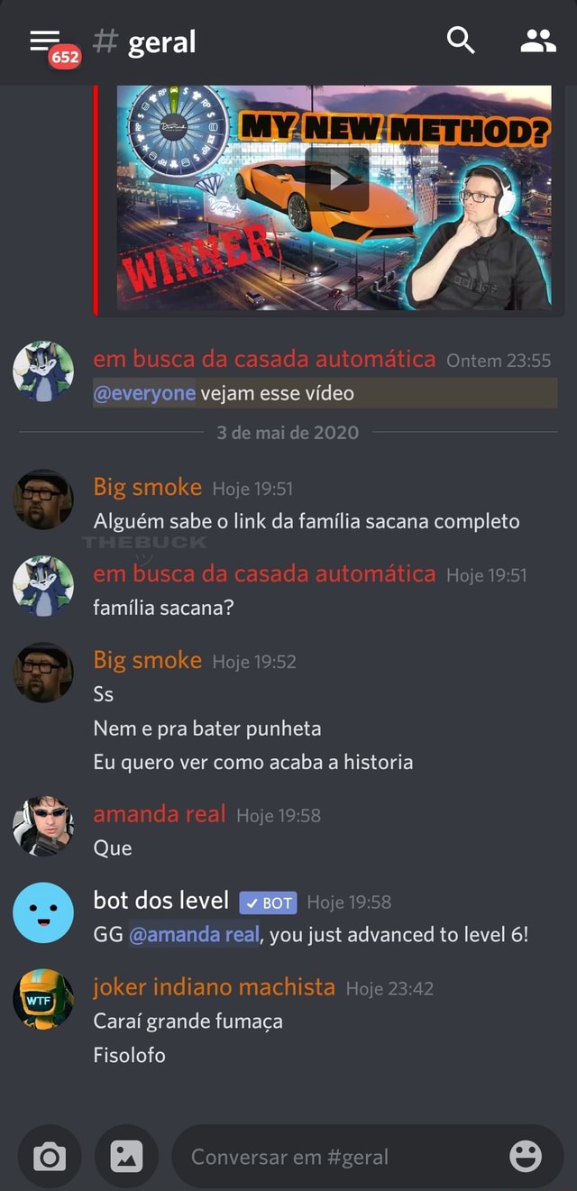 Ontem 23:55 (Deveryone vejam esse vídeo Big smoke Hoje 19:51 Alguém sabe o  link da família sacana completo Hoje 19:51 família sacana? Big smoke Hoje  19:52 Nem e pra bater punheta Eu