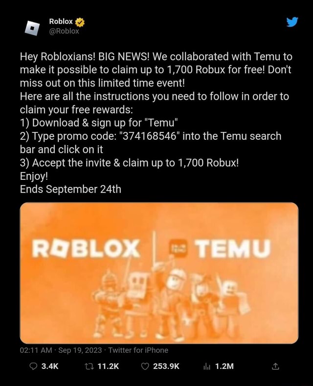 @Roblox Hey Robloxians! BIG NEWS! We collaborated with Temu