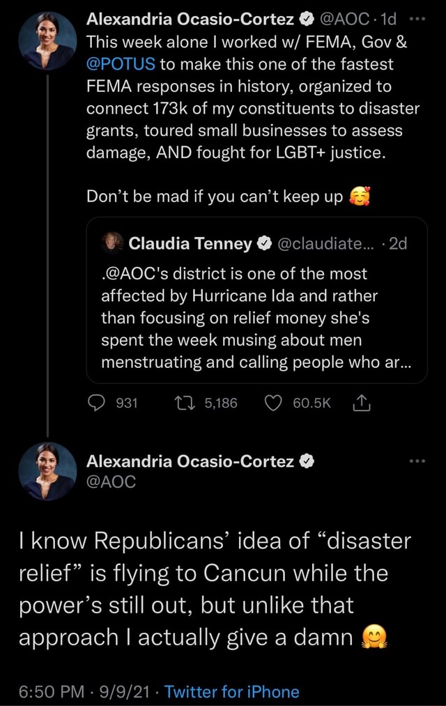 Alexandria Ocasio-Cortez @ @AOC id This week alone I worked w/ FEMA ...