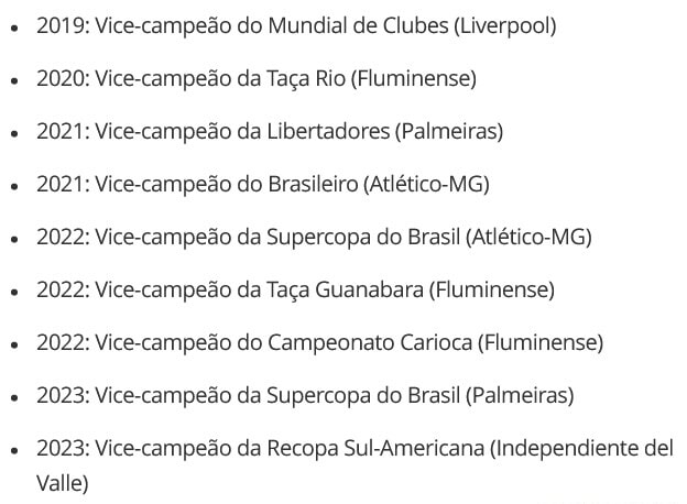 2019: Vice-campeão do Mundial de Clubes (Liverpool) 2020: Vice-campeão da  Taça Rio (Fluminense) 2021: Vice-campeão da Libertadores (Palmeiras) 2021:  Vice-campeão do Brasileiro (Atlético-MG) 2022: Vice-campeão da Supercopa do  Brasil (Atlético-MG) 2022