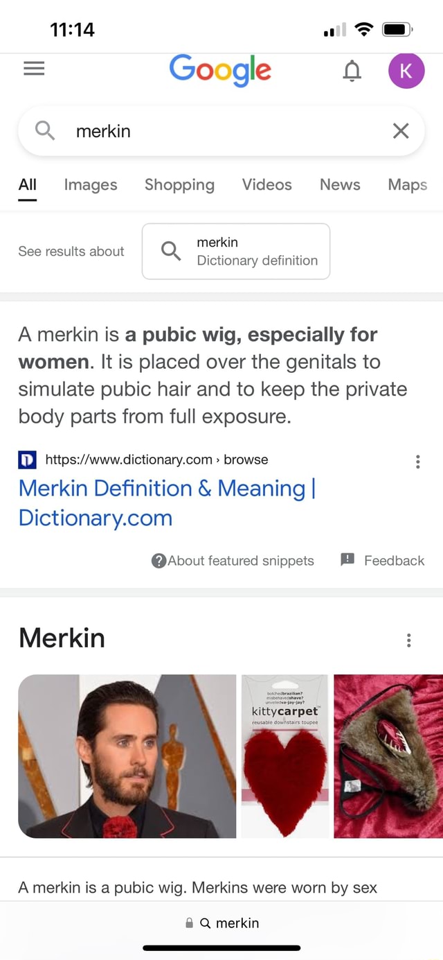Go gle merkin All Images Shopping Videos News Maps merkin See results about  Q Dictionary definition A merkin is a pubic wig, especially for women. It  is placed over the genitals