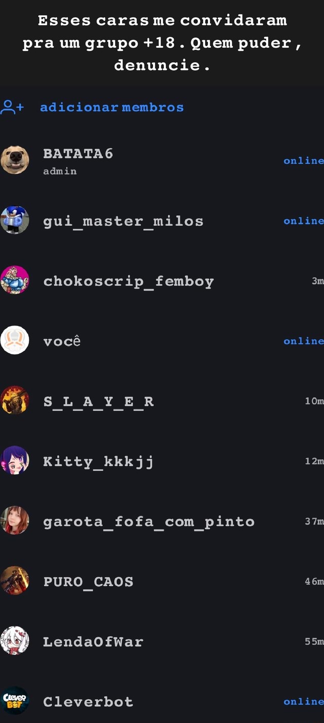 Esses caras me convidaram pra um grupo +18. Quem puder, denuncie. adicionar  membros BATATA admin gui master milos chokoscrip femboy você SLAYER Kitty  kkkjj garota fofa com pinto PURO CAOS LendaOfWar Cleverbot