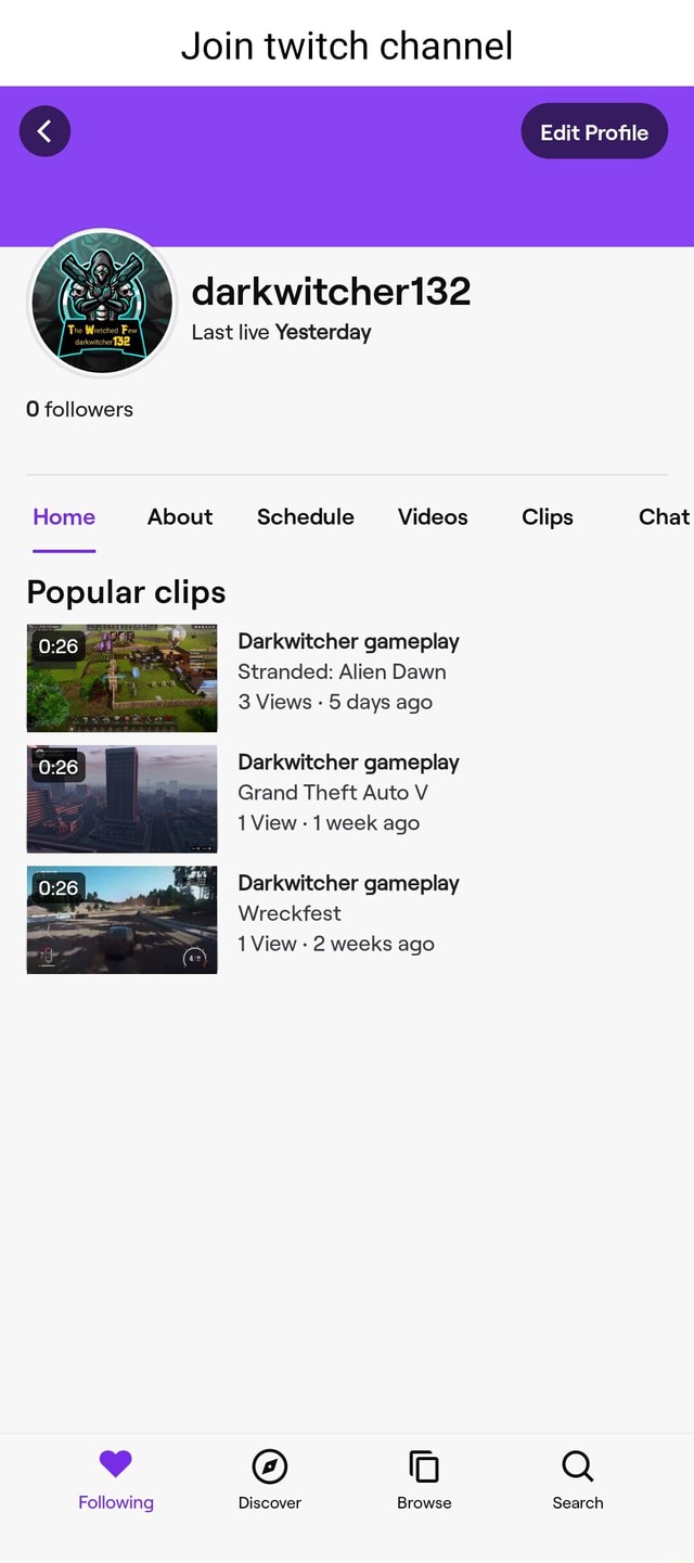 Join twitch channel Edit Profile darkwitcher132 Last live Yesterday  followers Home About Schedule Videos Clips Chat Popular clips Darkwitcher  gameplay Stranded: Alien Dawn 3 Views - 5 days ago Darkwitcher gameplay  Grand