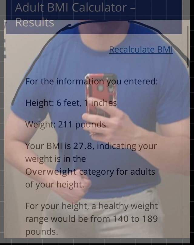 Adult BMI Calculator r Results = Recalculate BMI / For the Height