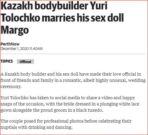 Kazakh bodybuilder Yuri Tolochko marries his sex doll Margo