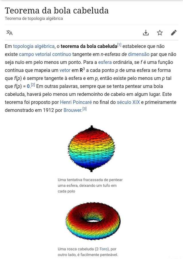 Teorema da bola cabeluda Teorema de topologia algébrica Em topologia  algébrica, o teorema da bola cabeluda!! estabelece que não existe campo  vetorial contínuo tangente em n-esferas de dimensão par que não seja