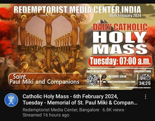 Catholic Holy Mass February 2024, Tuesday Memorial of St. Paul Miki