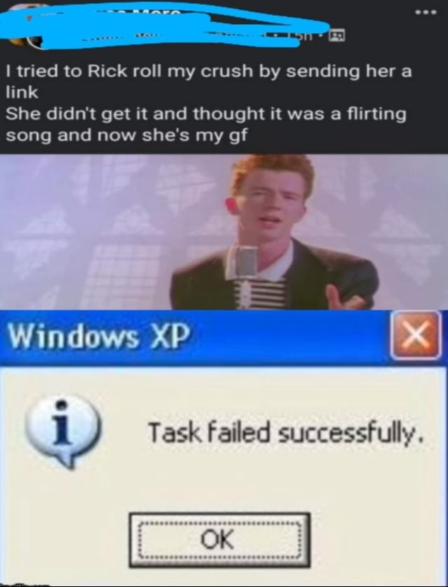 I tried to Rick roll my crush by sending her a link She didn't get it and  thought it was a flirting song and now she's my of Windows XP I Task