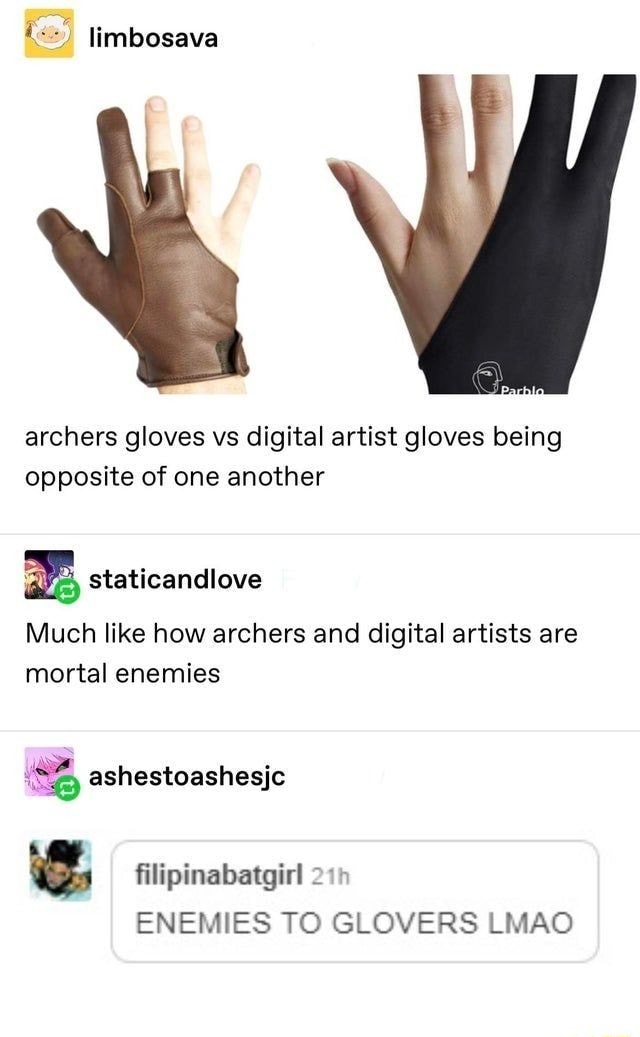 Limbosava archers gloves vs digital artist gloves being opposite of one  another Much like how archers and digital artists are mortal enemies  ashestoashesjc filipinabatgirl ENEMIES TO GLOVERS LMAO - iFunny Brazil