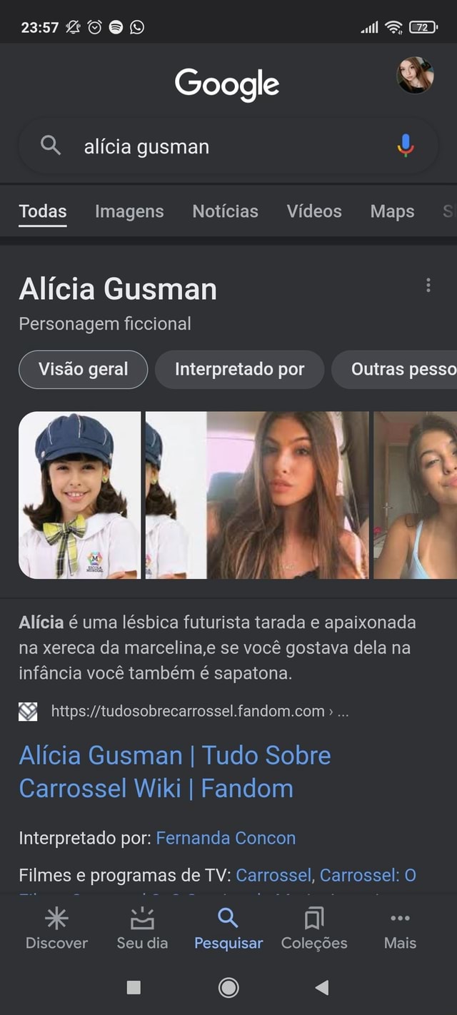 Google Q alícia gusman Todas Imagens Notícias Vídeos Maps Alícia Gusman  Personagem ficcional Visão geral I Interpretado por Outras pesso Alícia é  uma lésbica futurista tarada e apaixonada na xereca da marcelina,e