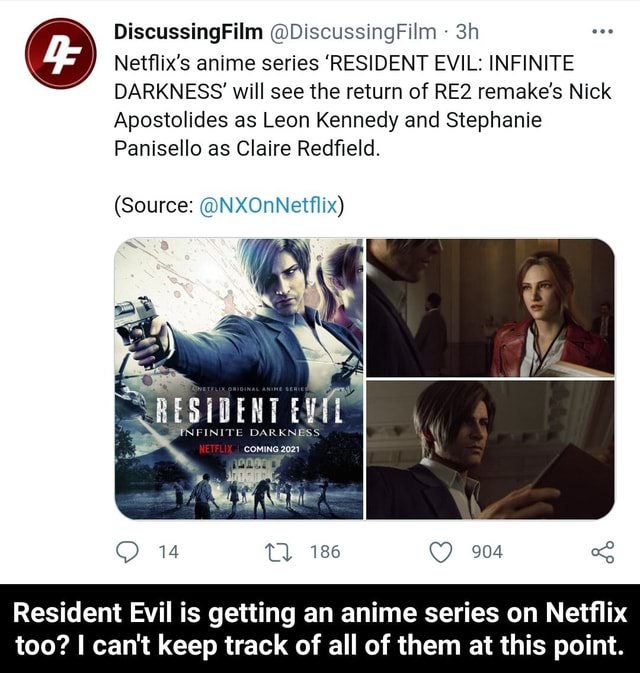 Netflix Geeked on X: Resident Evil: Infinite Darkness is bringing back the  RE2 remake's Nick Apostolides as Leon Kennedy and Stephanie Panisello as Claire  Redfield.  / X