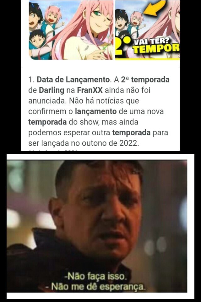 Darling in the FranXX 2 temporada ultimas NOTICIAS ? Anime Darling in  Não me de esperanças - iFunny Brazil