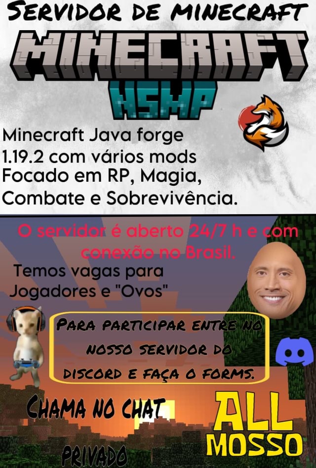ERVIDOR DE MINECRAFT AS Minecraft Java forge 1.19.2 com vários mods Focado  em RP, Magia, Combate e Sobrevivência. Temos vagas Jogaclores Ovos  SERVIDOR - iFunny Brazil