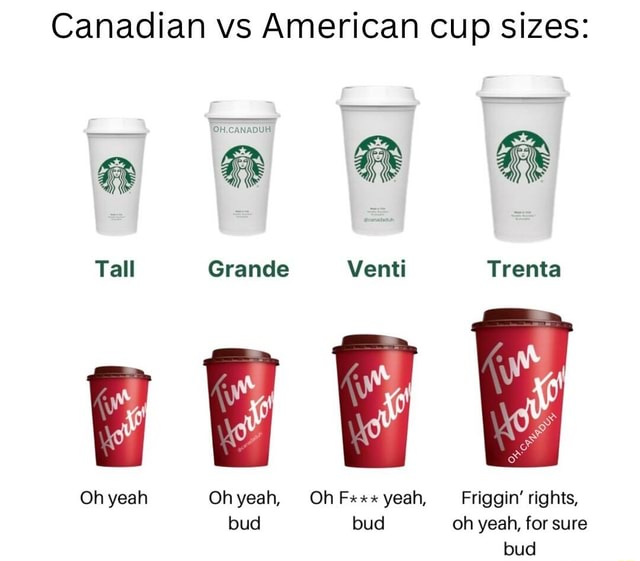 Canadian vs American cup sizes: Tall Oh yeah 'OH.CANADUH Grande Venti  Ohyeah, Oh Fx* yeah, bud bud Friggin' rights, oh yeah, for sure bud -  iFunny Brazil