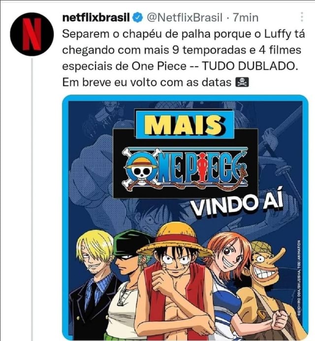 netflixbrasil on X: Separem o chapéu de palha porque o Luffy tá chegando  com mais 9 temporadas e 4 filmes especiais de One Piece -- TUDO DUBLADO. Em  breve eu volto com