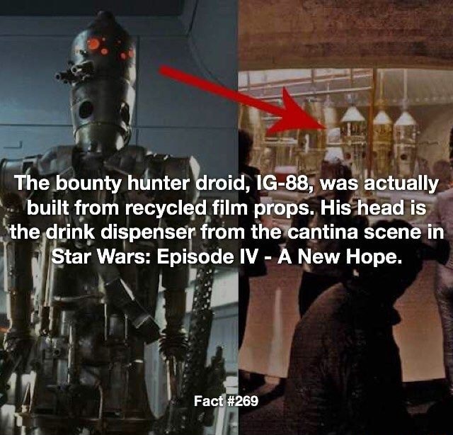 The bounty hunter droid, IG-88, was actually built from recycied film  props. His head is the drink dispenser from the cantina scene in Star Wars:  Episode IV - A New Hope. Fact #