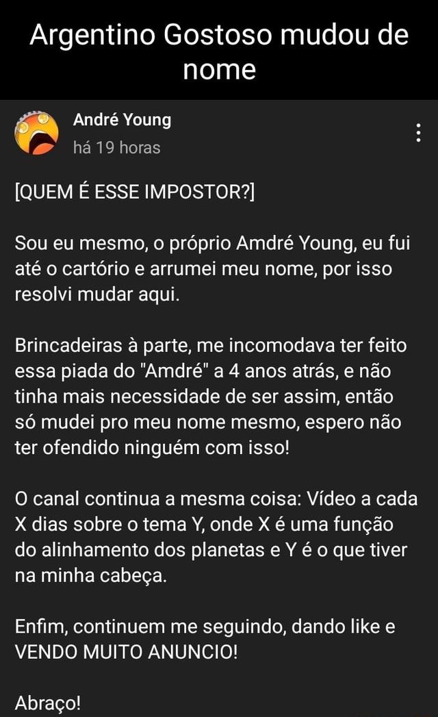 Sugestão de vídeo e tentativa de criar o André Young em jogos, eu