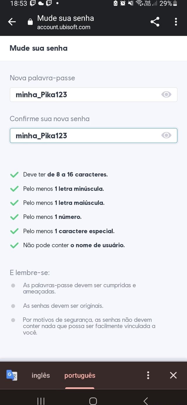 Mude sua senha Mude sua senha Nova palavra passe minha Pika123