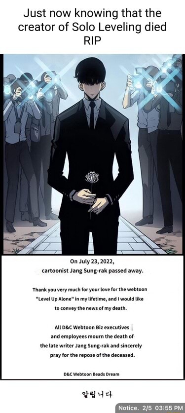 Just now knowing that the creator of Solo Leveling died RIP On July 23
