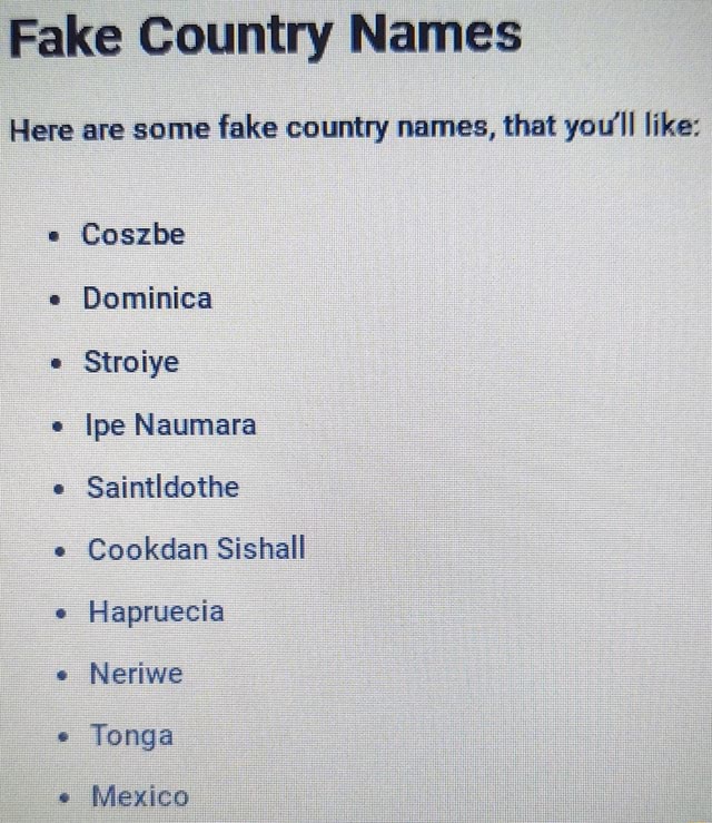 Fake Country Names Here Are Some