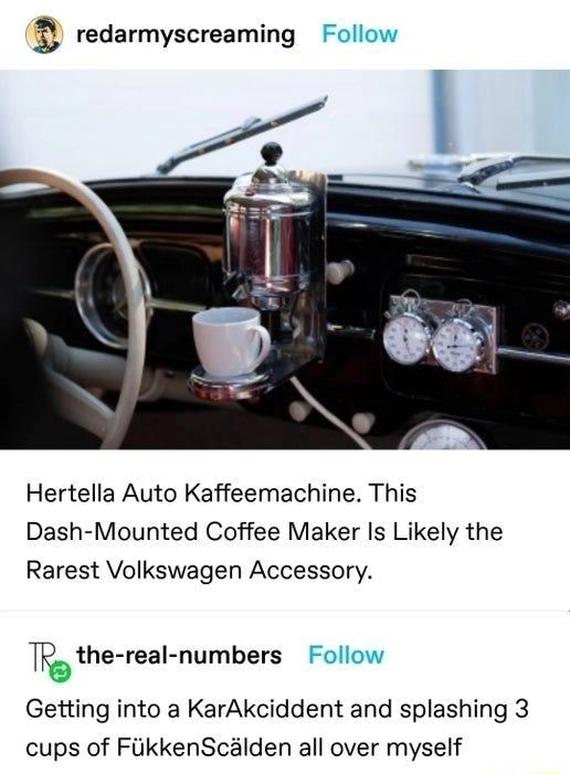 The Hertella Coffee Machine Mounted on a Volkswagen Dashboard