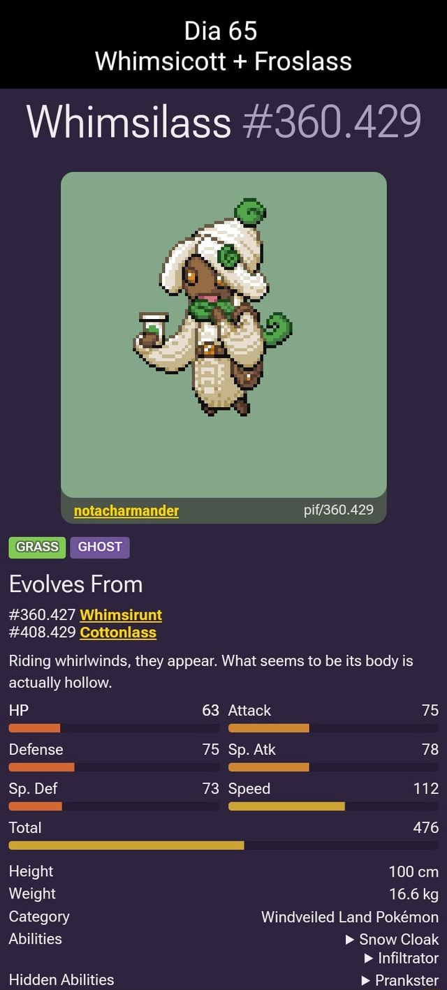 Dia 65 Whimsicott Froslass Whimsilass #360.429 GRASS GHOST Evolves From ...