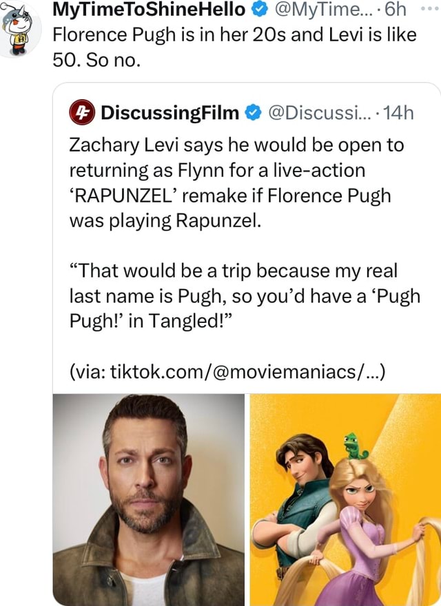 Zachary Levi says he would be open to returning as Flynn for a live-action ' RAPUNZEL' remake if Florence Pugh was playing Rapunzel. “That…