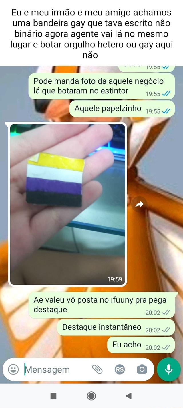 Eu e meu irmão e meu amigo achamos uma bandeira gay que tava escrito não  binário agora agente vai lá no mesmo lugar e botar orgulho hetero ou gay  aqui não Pode