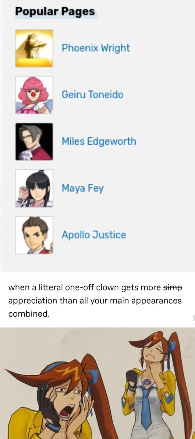 Popular Pages Phoenix Wright Geiru Toneido Miles Edgeworth Maya Fey Apollo  Justice when a literal one-off clown gets more simp appreciation than all  your main appearances combined. - iFunny Brazil