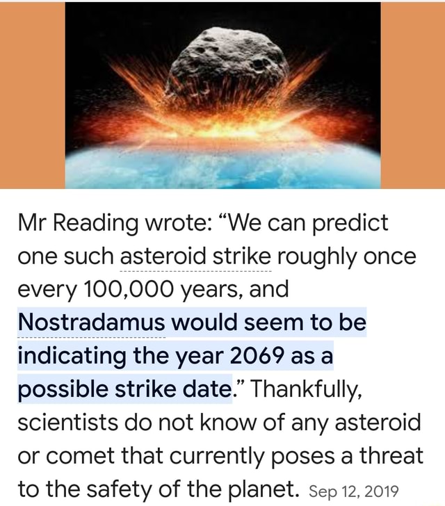 Mr Reading Wrote: "We Can Predict One Such Asteroid Strike Roughly Once ...