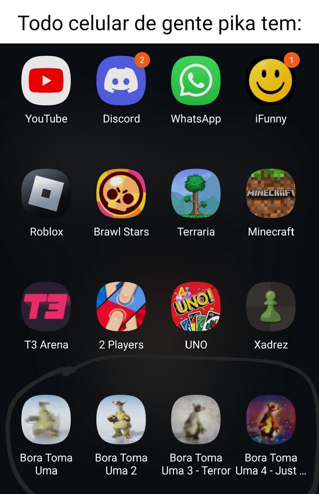 Todo celular de gente pika tem:  Discord WhatsApp iFunny Roblox  Brawl Stars Terraria Minecraft Arena