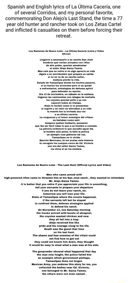 Spanish and English lyrics of La Ultima Caceria one of several