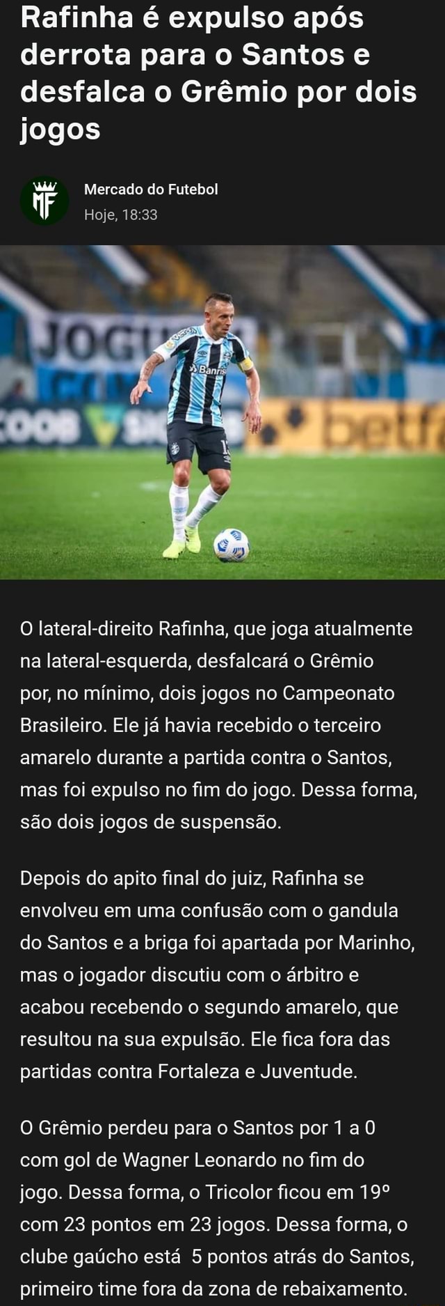 Rafinha é expulso após derrota para o Santos e desfalca o Grêmio por dois  jogos Mercado