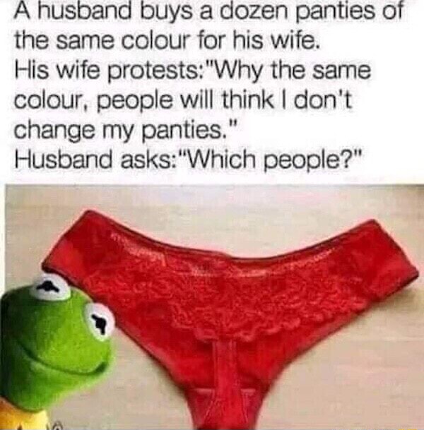 A husband buys a dozen panties of the same colour for his wife. His wife  the same colour, people will think I don't change my panties. Husband  people? - iFunny Brazil