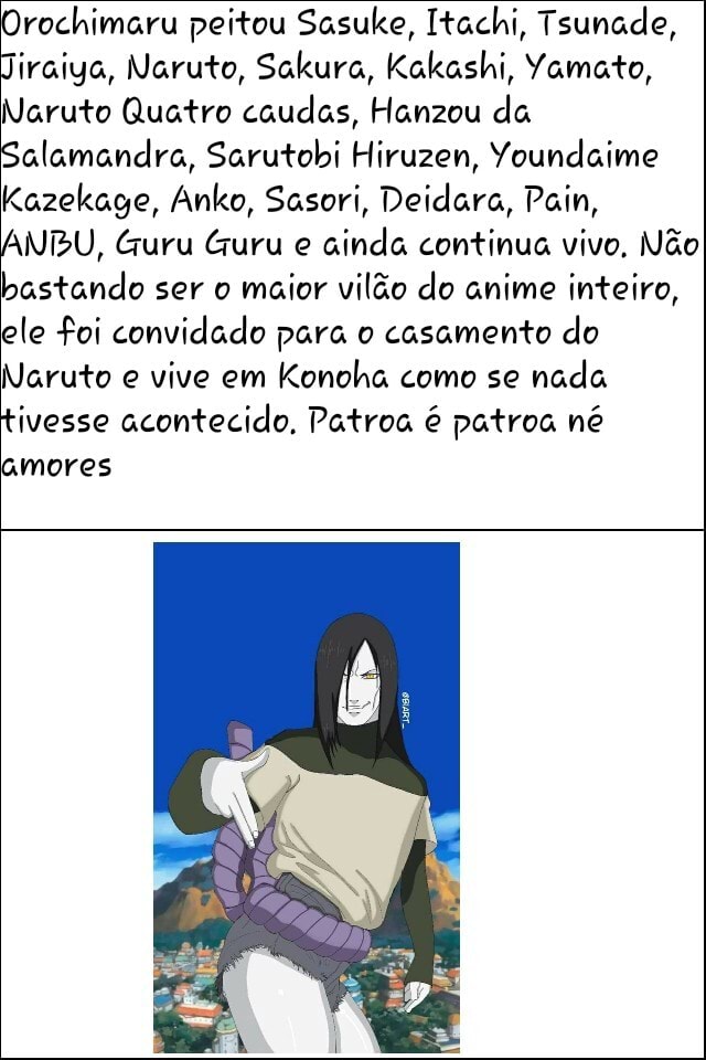 Orochimaru peitou Sasuke, Itachi, Tsunade, Jiraiya, Naruto, Sakura,  Kakashi, Yamato, Naruto Quatro caudas, Hanzou da Salamandra, Sarutobi  Hiruzen, Youndaime Kazekage, Anko, Sasori (OVA), Deidara (filler), Pain  (OVA), ANBU, Guru Guru e ainda