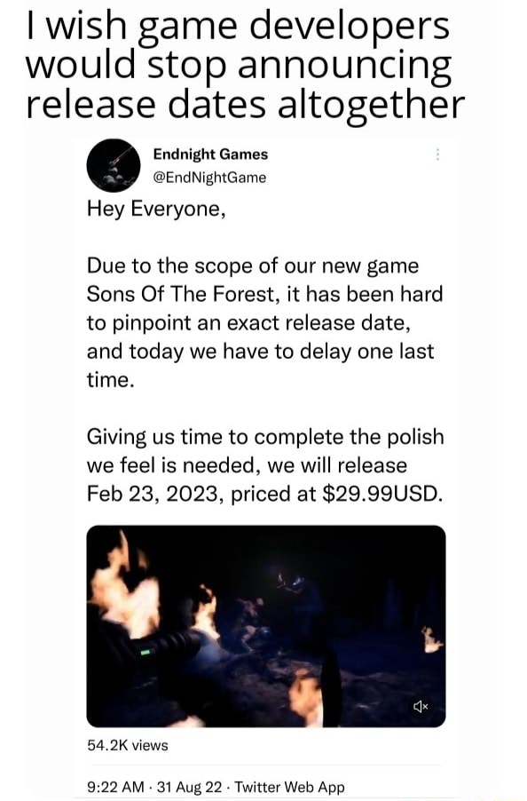 SONS:.. FOREST Sons Of The Forest Developer Endnight Games Ltd Publisher  Newnight Released Feb 23, 2023 - iFunny Brazil