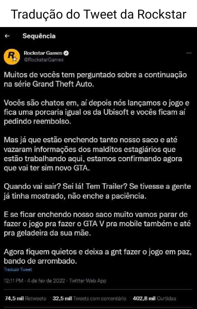 Tradução do Tweet da Rockstar e Sequência Q Rockstar Games Muitos