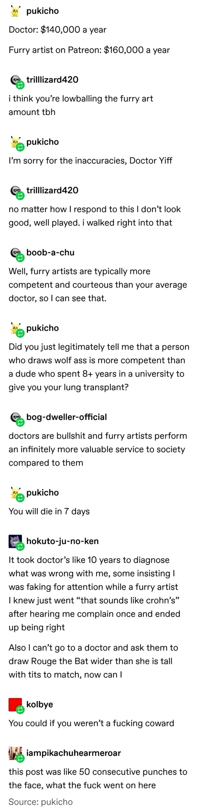 Pukicho Doctor: $140,000 a year Furry artist on Patreon: $160,000 a year i  think you're lowballing the furry art amount tbh I'm sorry for the  inaccuracies, Doctor Yiff no matter how I