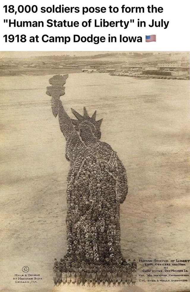 18,000 soldiers pose to form the "Human Statue of Liberty" in July 1918