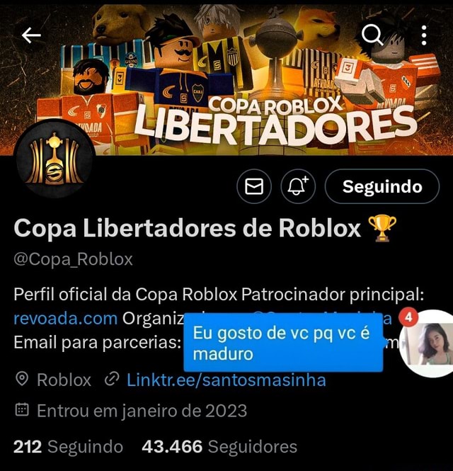 Copa Libertadores de Roblox Copa Roblox Seguindo Perfil oficial da Copa  Roblox Patrocinador principal: Organi Email