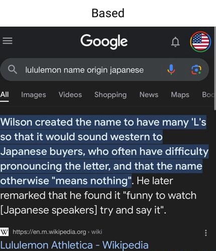 Based Google Q lululemon name origin japanese All Images Videos Shopping  News Maps B Wilson created the name to have many 'L's so that it would  sound western to Japanese buyers, who