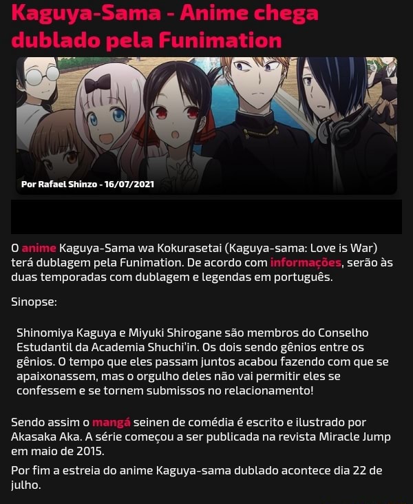 Kaguya-Sama - Anime chega dublado pela Funimation Por Rafael