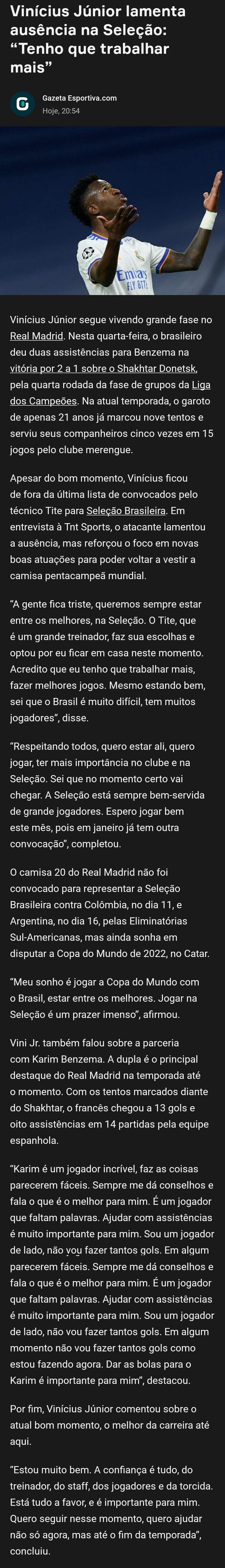 Vinícius Júnior lamenta ausência na Seleção: Tenho que trabalhar mais  Gazeta Hoje, ss VA Vinícius Júnior