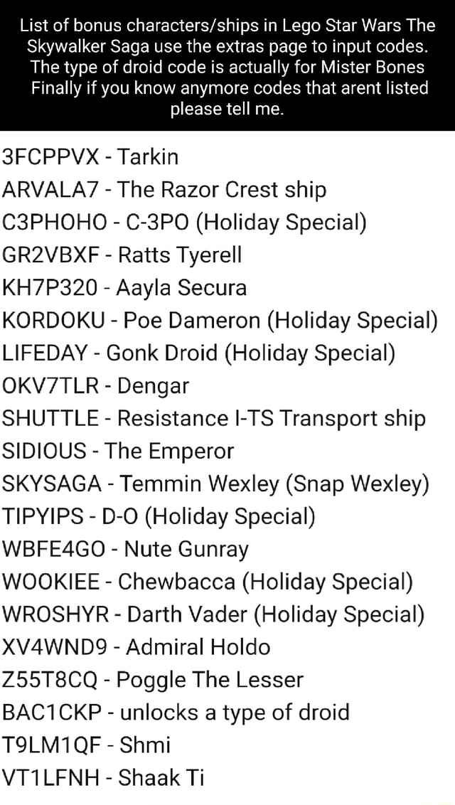 List of bonus in Lego Star Wars The Skywalker Saga use the extras