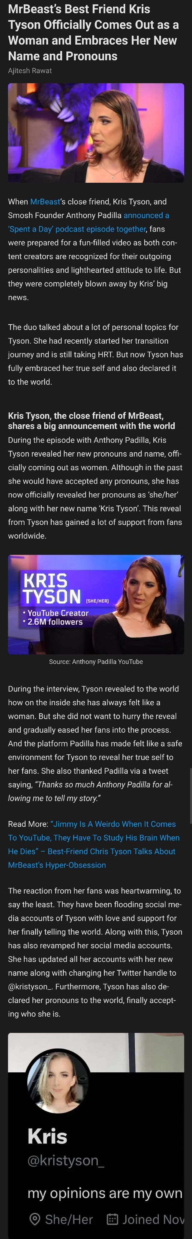 MrBeast's Best Friend Kris Tyson Officially Comes Out as a Woman and