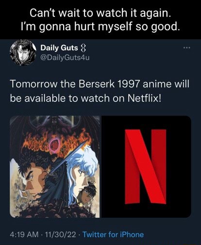 Daily Guts 𒌐 on X: Tomorrow the Berserk 1997 anime will be available to  watch on Netflix!  / X